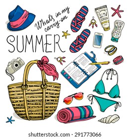 Summer set for beach. Vector illustration of holiday vacation woman luggage. Hand-drown objects sketch.