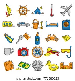 Summer set for beach. Vector illustration of holiday vacation woman luggage. Hand-drown objects doodle.