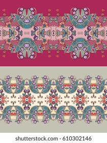 Summer set of beautiful seamless borders with flowers and birds. Floral design.