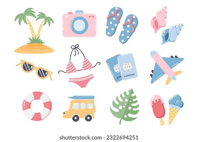 Summer set, bikini, flip flops, palm tree, glasses, seashells, passports, ice cream and tropical leaf. Print, templates, vector	
