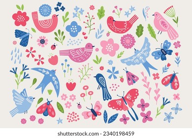 Summer set -  birds, butterflies, flower, leaves, branches, berries, moths, rain drops on white background. Perfect for seasonal greeting cards, decorations. Vector illustration