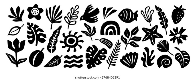 Summer set with black tropical leaves, fish, bird, shell, seashell, starfish, strawberry, flower, rainbow, sun and waves abstract silhouette vector collection