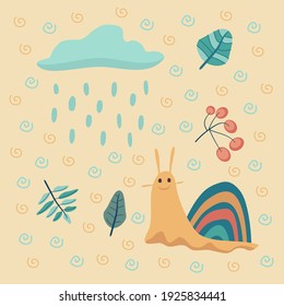 Summer set with a blue cloud, rain, red berries, green blue leaves and a yellow snail. Cartoon flat style for children. Kid's elements for design.