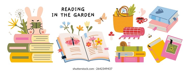 Summer set with books, flowers and cute details for garden reading and relaxation. Trendy modern vector illustration isolated on white background, hand drawn, flat design