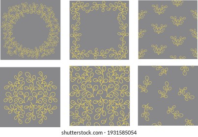 Summer Set. Botanical circular design pattern. Tree branches with leaves in green. Frames of plant elements, seamless patterns. vector.