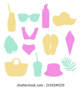 Summer set of bright pictures, bikini, beach bag, panama hat, sunglasses, spf sun protection, leaves, cocktail, flip-flops,hat, ice cream