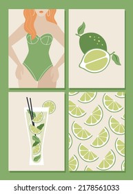 Summer Set Card. Lime. Beautiful Young Woman In Swimsuit, Hat. Alcohol Cocktails. Fruits. Retro Design Summer Holiday Poster. Summer Party. Green. 90s 80s 70s Groovy Posters. Vector Illustration