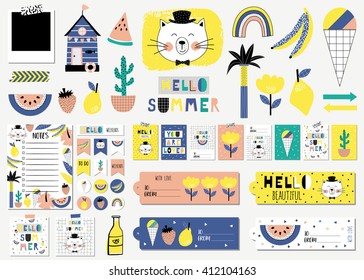 Summer Set with Cards, Notes, Stickers, Labels, Stamps, Tags with Summer Illustrations and Wishes. Template for Greeting Scrap booking, Congratulations, Invitations.