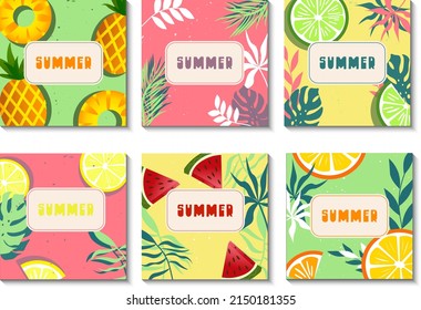 Summer set of cards with tropical fruits and leaves. Citrus fruits, pineapple and watermelon on a colorful, colorful and creative background. Vector illustration templates for the design of cards, inv