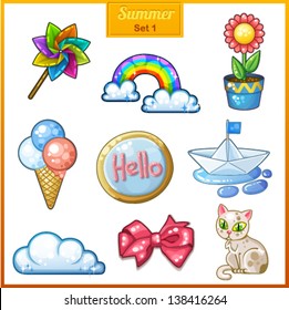 Summer set of cartoon candy icons. Pinwheel, rainbow, flower in a pot, three scoops of ice cream, cookie, paper boat, cloud, pink bow, white cat.