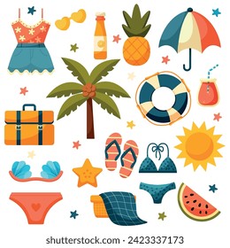 Summer Set of cartoon elements. Tropical vacations. Collection of hand drawn beach objects