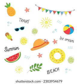 Summer set, cartoon hand drawn elements, summer flat icons. Beach, tropical palm leaves, fruits, pineapple, watermelon, ice cream, boll. Summertime beach concept.