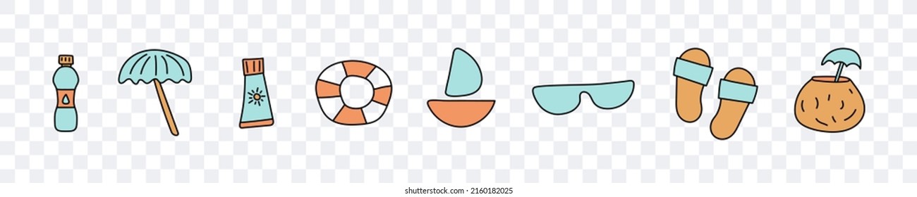 Summer set. Set of cartoon summer pictures. Vector clipart isolated on white background.
