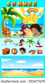 Summer set with children at sea illustration