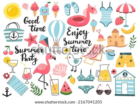 Summer set, clip art  design elements with beach chair, umbrella, swimsuit, coctail and others. Hand drawn vector illustration.