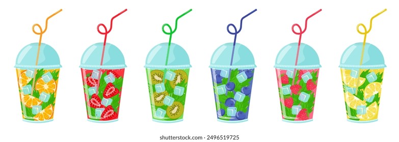 Summer set of cocktails and citrus garnish. Summer refreshing drinks with orange, kiwi, raspberry, strawberry, lemon and blueberry flavors. Flat style. Vector illustration.