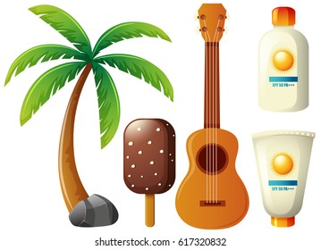Summer set with coconut tree and guitar illustration