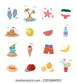 Summer Set. Colection of cute summer icons. Summer time elements. Collection of elements for beach party. Cartoon vector illustration.