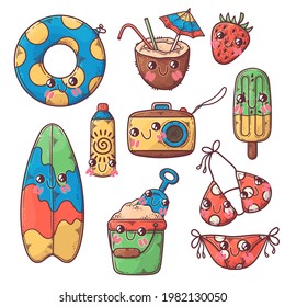 Summer set. Collection of cute summer elements for beach party: surfboard, beach sand, bikini, camera, ice cream, cocktail, strawberry, sunscreen. Tropical vacation. Vector cartoon style illustration.
