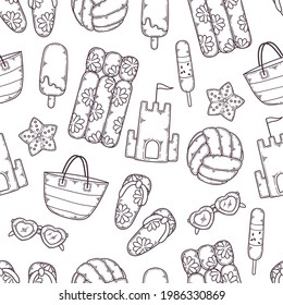 Summer set. Collection of summer elements for beach party: volleyball, ice cream, swimming mattress, beach bag, starfish, sandcastle, sunglasses. Seamless pattern. Vector cartoon style illustration.