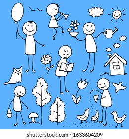 summer set collection of funny children with animals 