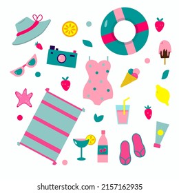 Summer set, collection of summer items beach party season 