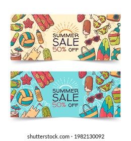 Summer set. Colorful Summer background layout banners design. Horizontal poster, greeting card, header for website. Tropical vacation. Vector cartoon style illustration.