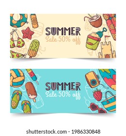 Summer set. Colorful Summer background layout banners design. Horizontal poster, greeting card, header for website. Tropical vacation. Vector cartoon style illustration.