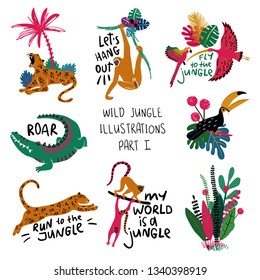 Summer set of colorful design compositions with wild animals, birds and plants. Leopard, crocodile, lemur, monkey, toucan, parrot and ibis illustrations. 