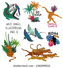 Summer set of colorful design compositions with wild animals, birds and plants. Leopard, crocodile, monkey, toucan, parrot and ibis illustrations. 