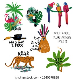 Summer set of colorful design compositions with wild animals, birds and plants. Leopard, monkey, toucan, parrot and flamingo illustrations. 