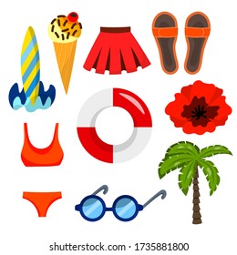 Summer set with colorful icons isolated on white background. Cartoon style. Design for posters, card, banner, flyer. Flat vector illustration. Symbols collection.