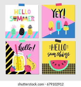 Summer set of colorful vector cards, flyers, invitation, posters with hand drawn letters. Hello summer. Hello sunshine.Yey!