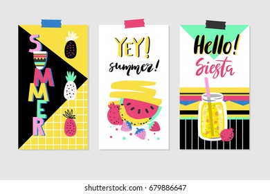 Summer set of colorful vector cards, flyers, invitation, posters with hand drawn letters. Hello summer. Siesta