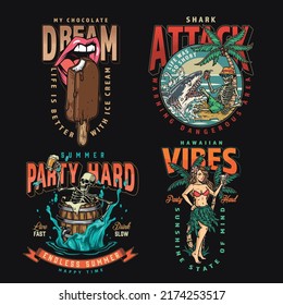 Summer set colorful vintage logotypes Hawaiian style beach party invitation with ice cream and bikini girl with cocktail vector illustration