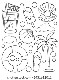 Summer set. Coloring page, black and white vector illustration. svg
