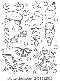 Summer set. Coloring page, black and white vector illustration.