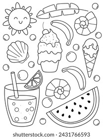 Summer set. Coloring page, black and white vector illustration.