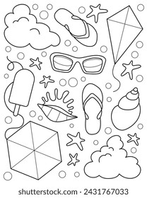 Summer set. Coloring page, black and white vector illustration.