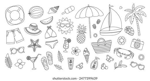 Summer set coloring page. Outline beach collection with swimsuits, hat, sunglasses, palm, cocktails, fruits, ice cream and other stickers. Tropical vacation, holiday. Coloring book for print