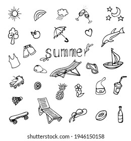 Summer set consisting of sun, cloud, rain, rainbow, heart, glasses, moon, stars, shorts, T-shirt, dolphin, coffee, glasses, pineapple, sun loungers.
Vector doodles can be used in summer designs.