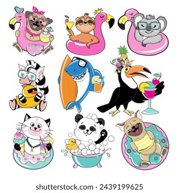 Summer set of cute animals with flamingo, toucan, zebra, koala, shark, pug dog, panda and sloth on a white background isolated