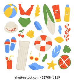 Summer set with cute beach elements: bikini, watermelon, sunscreen, flip flops, seashell, lifebuoy, hat, cocktail. Hand drawn flat cartoon elements. Vector illustration