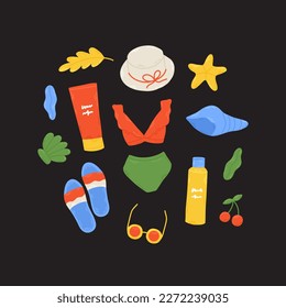 Summer set with cute beach elements: bikini, watermelon, sunscreen, flip flops, seashell, lifebuoy, hat, cocktail. Hand drawn flat cartoon elements. Vector illustration
