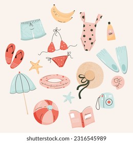 Summer set with cute beach elements  in a circle. Hand drawn flat cartoon elements. Vector illustration