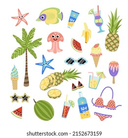 Summer set with cute beach subjects, fruits, ice cream, cocktail. Flat, cartoon, vector