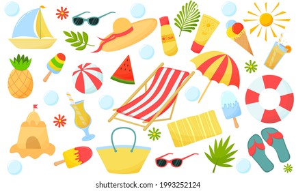Summer set with cute bright beach elements: hammock, flip-flops, fruit, flowers, ball, sunscreen, sunglasses, lifebuoy, ice cream. Hand-drawn flat cartoon elements. Vector illustration
