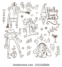 Summer set with cute cartoon monsters. Fabulous collection of creatures. Funny animal sticker pack. Line art doodle plant poster.