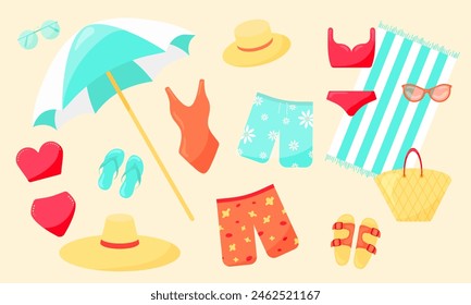 Summer set. Cute colorful collection. Swimsuit, sunglasses, hats,  umbrella, towel, shorts, flip flops. Vector illustration on light background