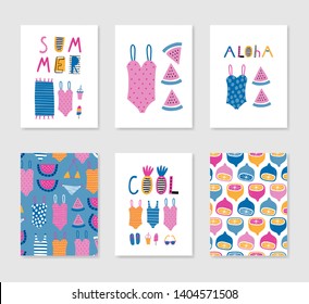 Summer. Set of cute creative card templates with swimming suits. Hand Drawn vector illustration for party invitations, scrapbook, print on T-shirts and apparel. Pink, blue and yellow. 